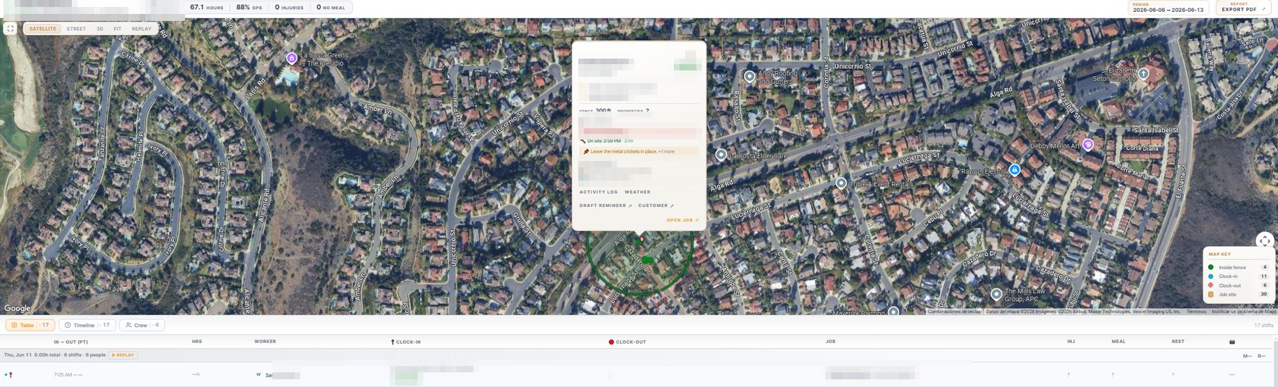 CDO live crew map: satellite view of a geofenced job site with active crews, GPS-verified clock-ins, and the shift table below